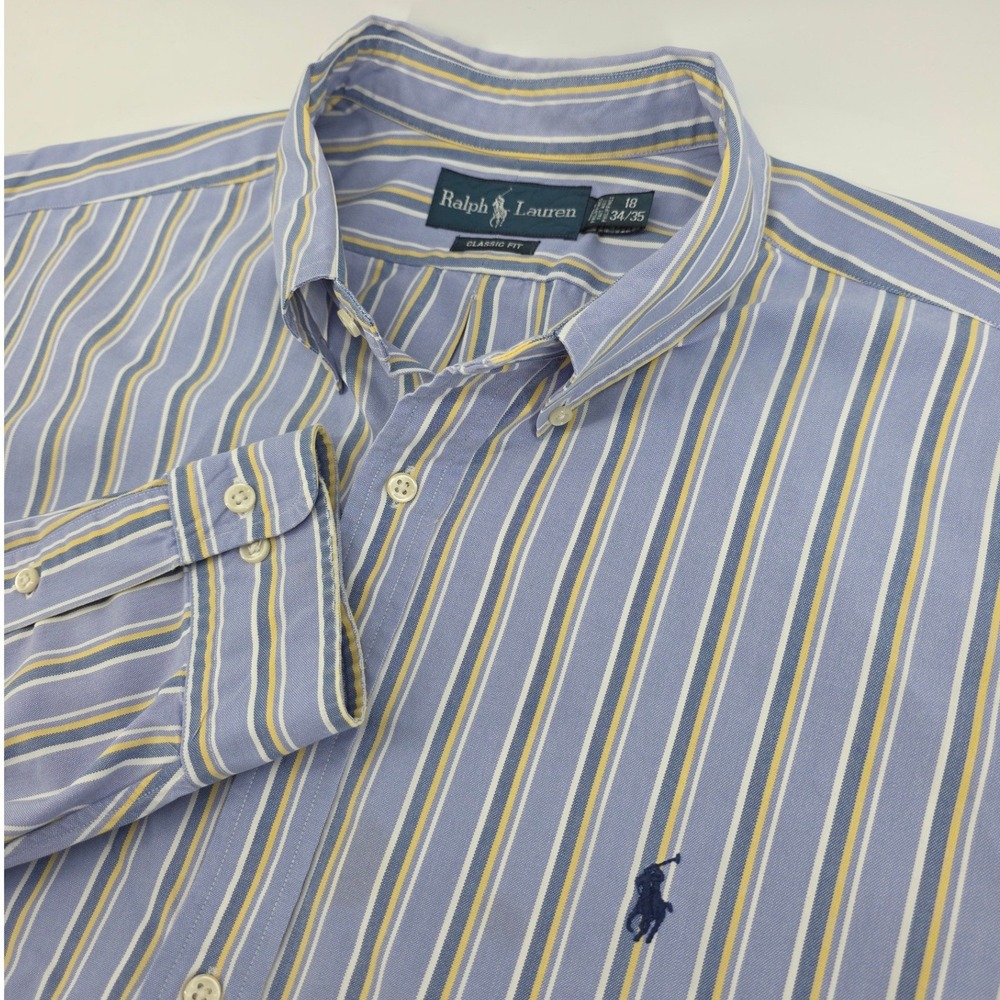 Ralph Lauren Classic Fit Striped Button Down Shirt Blue Yellow 18 34/35